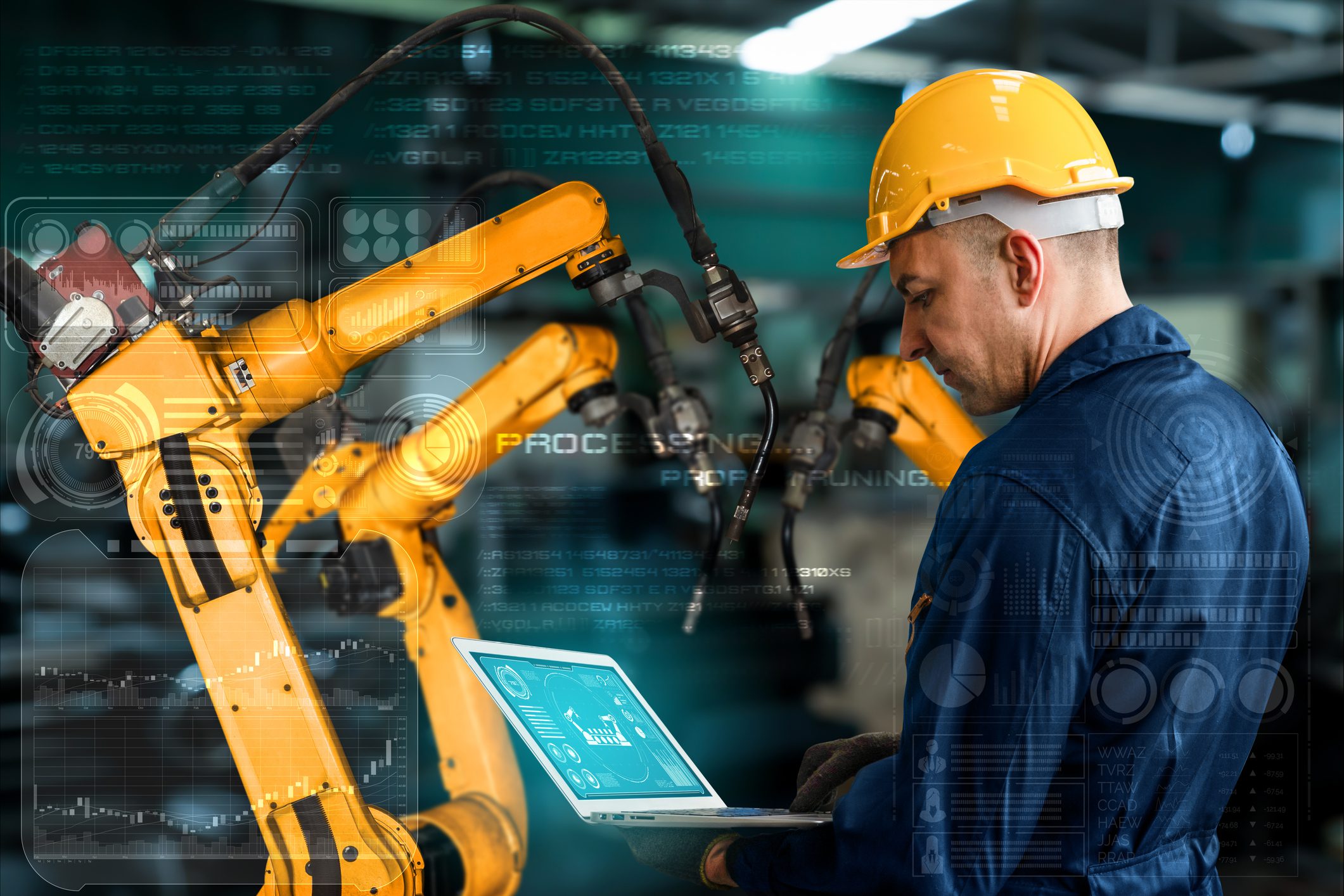 Smart industry robot arms for digital factory production technology showing automation manufacturing process of the Industry 4.0 or 4th industrial revolution and IOT software to control operation .